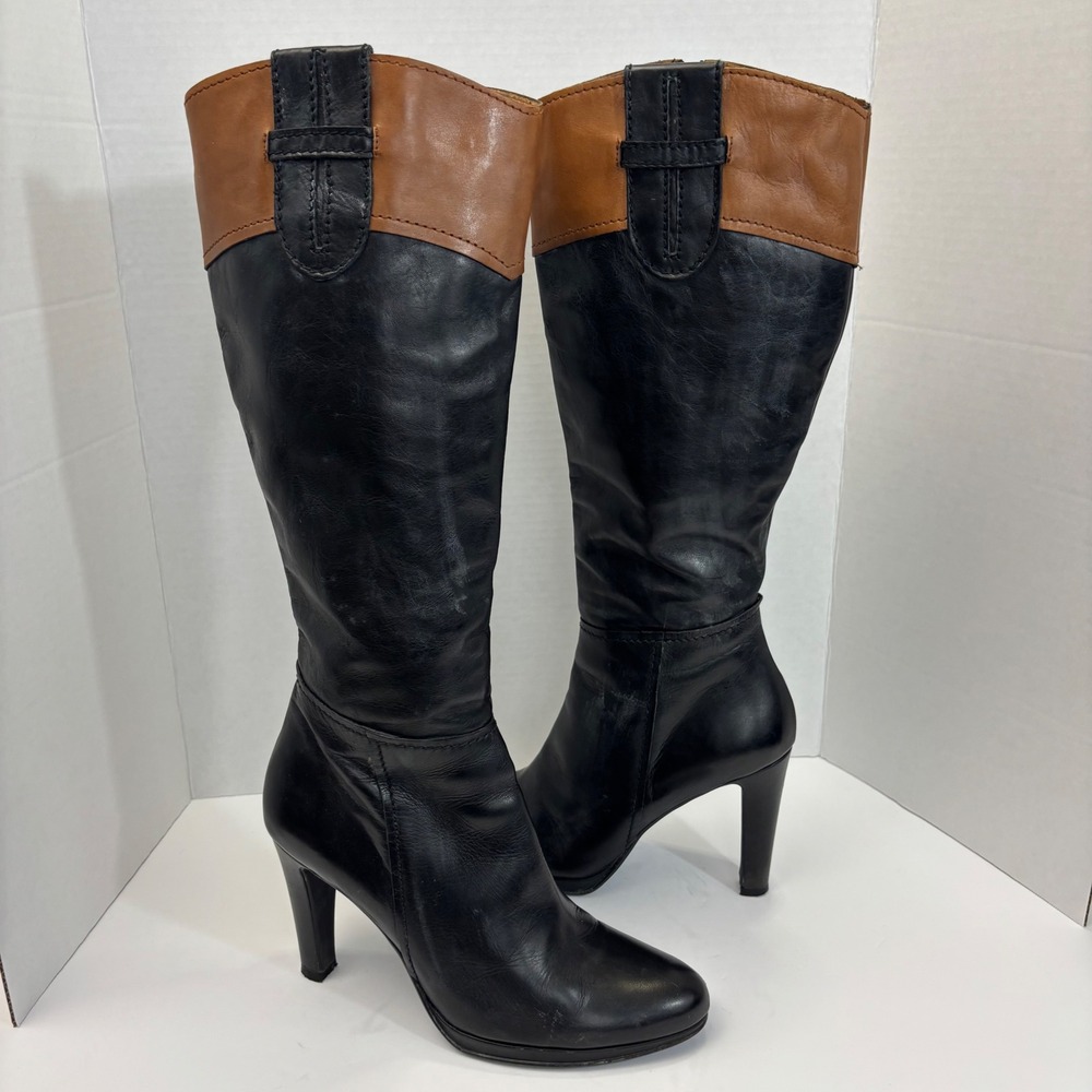 Sesto Meucci Leather Knee High Boots Heels Italy 7.5 Black Brown Two-Tone Zip